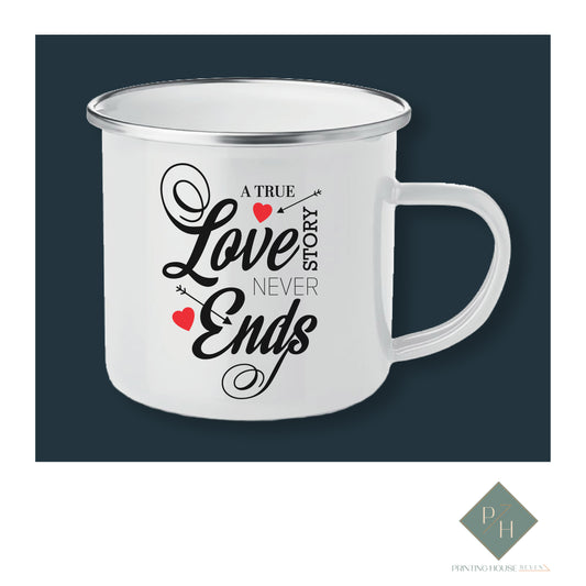 A True Love Story Never Ends - Enamel Mug With Your Initials