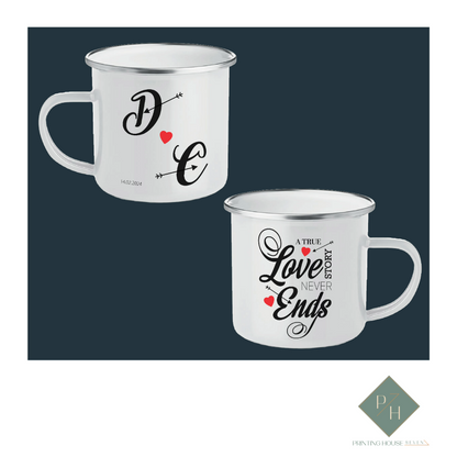 A True Love Story Never Ends - Enamel Mugs for Two with Your Initials